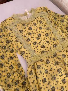 Yellow Floral Midi Dress with Lace Detail