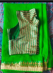 Green &amp; Gold Border Saree with Blouse