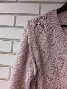 Pink V-Neck Cropped Knit Sweater