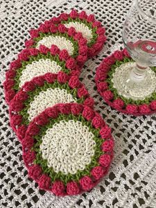 Crochet Red Tulip Coasters Set of 6