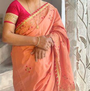 Peach &amp; Red Embroidered Fabric Saree