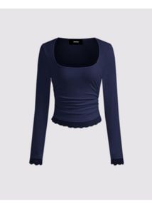 Navy Blue Lace Trim Long Sleeve Top