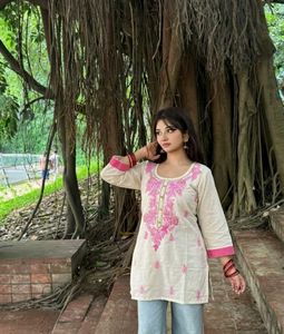Embroidered Cream Kurta with Pink Accents
