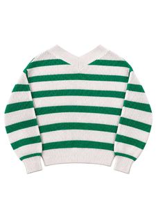 GREEN &amp; CREAM STRIPED V-NECK KNIT SWEATER