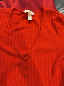 Red Ribbed V-Neck Button-Up Top
