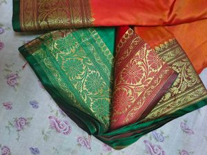 Orange Saree with Green Border pure silk