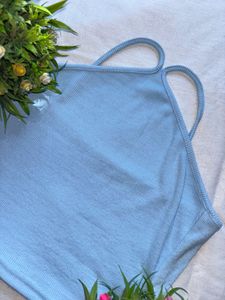 Light Blue Ribbed Halter Neck Crop Top