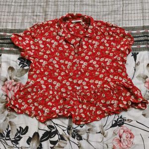 Red Floral Print Button-Up Top