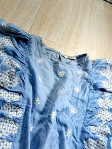 Blue Embroidered Ruffle Sleeve Top