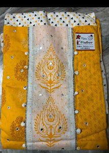 Yellow Printed dress material with Mirror Work