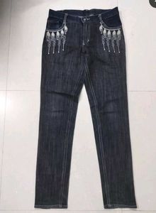 Embroidered Dark Wash Denim Jeans