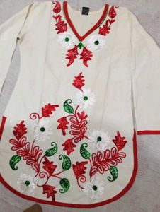 White Kurti With Red Embroidery