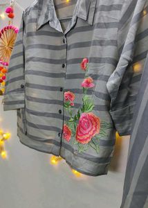 Striped Palazzo Set with Floral Embroidery