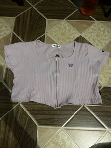 Lilac Ribbed Zip-Up Cropped Top
