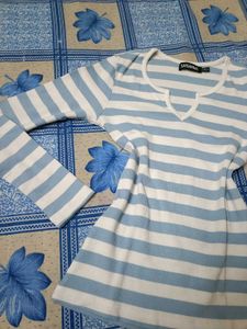 Blue and White Striped V-Neck Top