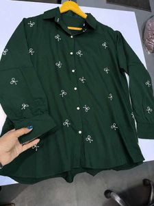 Chic Green Button-Up Top with Bows