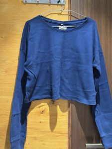 Blue Cropped Ribbed Sweatshirt