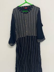 Navy Blue Striped Cotton Kurta