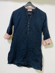 Stylish Navy Blue Kurta with Striped Cuffs