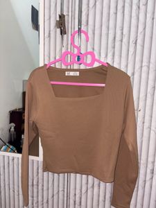Brown Square Neck Long Sleeve Top