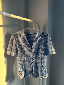 Blue Plaid Button-Up Short Sleeve Top