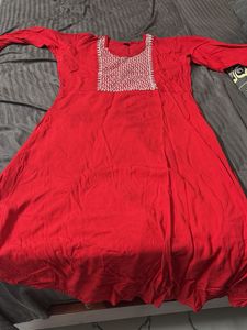 Red Kurta with White Embroidery