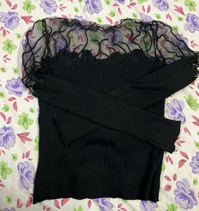 Chic Black Ruffled Sheer Sleeve Top