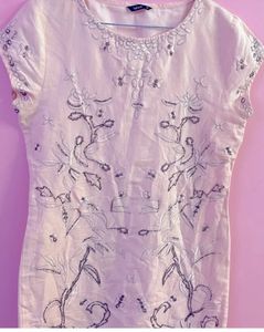 Linen Short Kurti, Silver Embroidery &amp; Bead Work