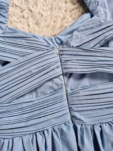 Sky Blue Puff Sleeve Midi Dress With pocket