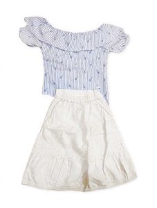 Cute Blue Striped Off-Shoulder Top &amp; White Skirt S