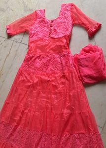 Stunning Coral Anarkali with Dupatta