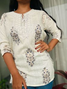 Cream Kurta with Blue Floral Print