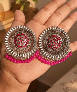 Oxidised Jhumka Earrings with Pink Beads