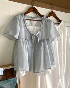 savana Cute Ruffled Light Blue Tunic Top