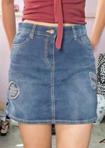 Blue Denim Mini Skirt with Patches