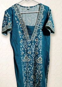 Teal Printed V-Neck Kurta