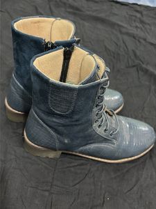 Blue Croc Embossed Lace-Up Boots