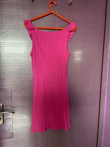 Vibrant Pink Ribbed Ruffle Dress