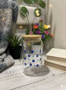 Customize blue Floral Glass Tumbler  with bamboo l