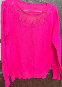 Vibrant Pink Sheer Neckline Sweater