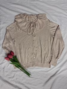 Beige Knit Cardigan with Ruffle Collar