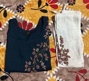 Ethnic Navy Blue & White Handwork Kurta Set