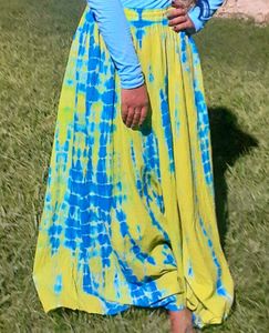 Lime Green And Blue Dyed Flared Maxi Skirt