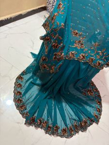 cut work and  Embroidered sequence Saree