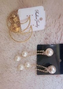 Gold Tone Hoop & Pearl Drop Earrings Set
