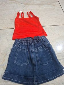 Cute Girls Red Top and Denim Skirt Set