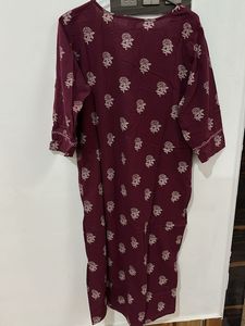 Maroon Printed Kurta with Embellished Neckline