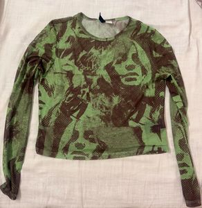 Green Graphic Mesh Long Sleeve Top