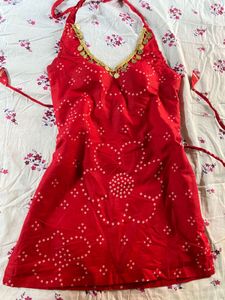 Red Cotton Bandhani Print Halter Neck kurti✨🪷