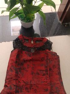 Elegant rust Brocade Dress with Embellished Neckli
